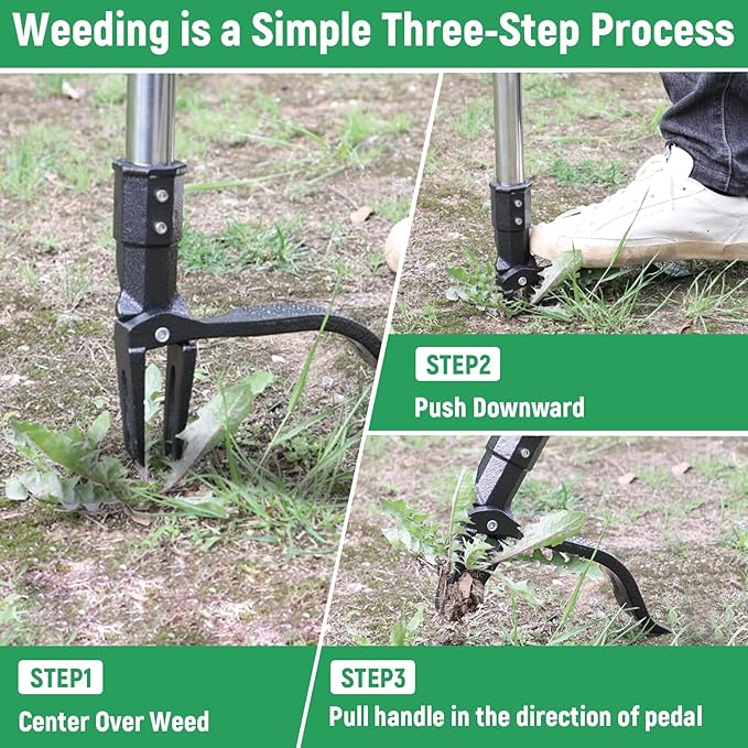 GOXAWEE Weed Puller Tool, 4-Claw Stand Up Weeder with Adjustable 46” Handle for Remove Weeds Without Bending, Pulling or Kneeling