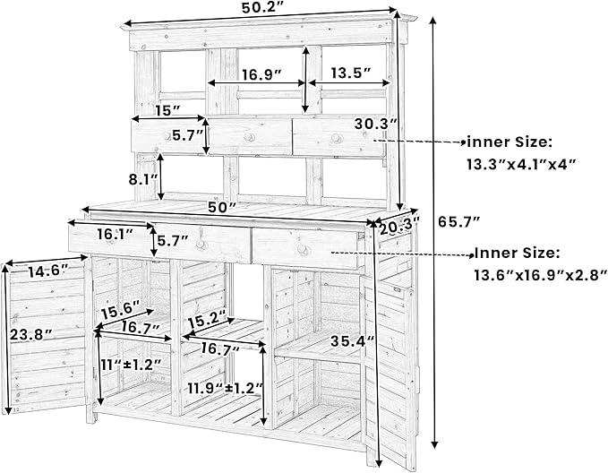 RUNNA 65.7'' H Tall Garden Potting Bench Table with Hutch,Patio Storage Workstation with 3 Shelves,6 Drawers,2 Bottom Cabinets&Side Hooks for Mudroom,Doorway (Natural@024, 65.7)
