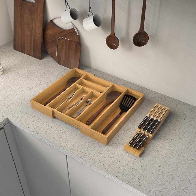 Bamboo Silverware Drawer Organizer, 6-8 Slots Kitchen Drawer Tray