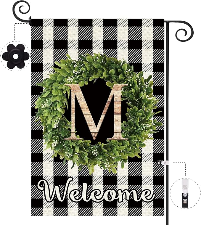 Baccessor Monogram Letter M Garden Flag 12.5 x 18 Inch, Buffalo Plaid Family Last Name Initial Boxwood Wreath Welcome Vertical Double Sided Small Flags for Outdoor Outside Decoration