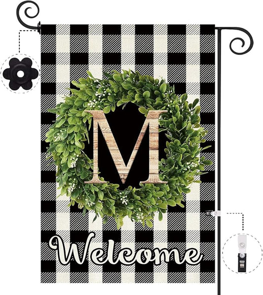 Baccessor Monogram Letter M Garden Flag 12.5 x 18 Inch, Buffalo Plaid Family Last Name Initial Boxwood Wreath Welcome Vertical Double Sided Small Flags for Outdoor Outside Decoration