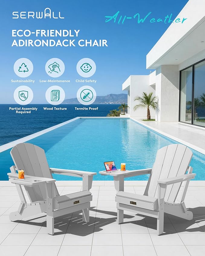 SERWALL Foldable Adirondack Chair Set of 2, HIPS Adirondack Chairs with 4 in 1 Cup Holder, Weather Resistant Fire Pit Chairs for Outdoor, Patio, Garden, Lawn, Backyard - Space Grey