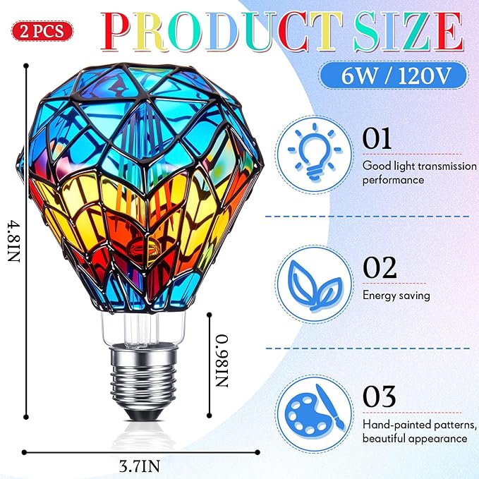 Baquler 2 Pcs Stained Glass LED Light Bulb Diamond Shape E26 Base A60 6 Watts G95 Shape Colorful Flickering Light Bulbs for Christmas, Home Balcony Garden Party Decoration (Innovation)