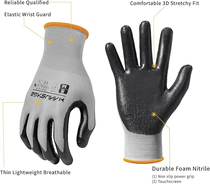 MANUSAGE Safety Work Gloves Nitrile For Men and Women, with Touchscreen Fingers, Men's Work Gloves with Grip, Mechanics Gloves (Size-XL, Grey, 3 Pairs)