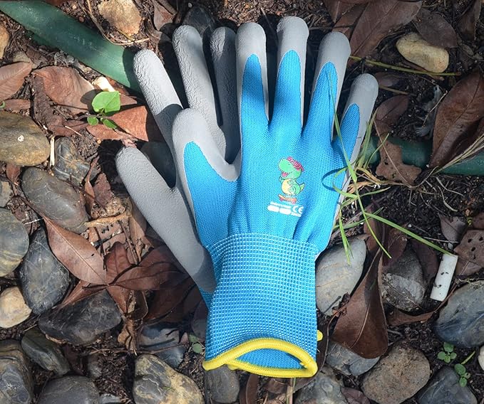 KDK Ages 8-10 Kids Gardening Gloves,Yard Work Gloves for Toddlers, Youth, Girls, Boys, Childrens, Soft Safety Rubber Gloves (6 Pairs Green, Blue&Pink, XS Age 8-10)