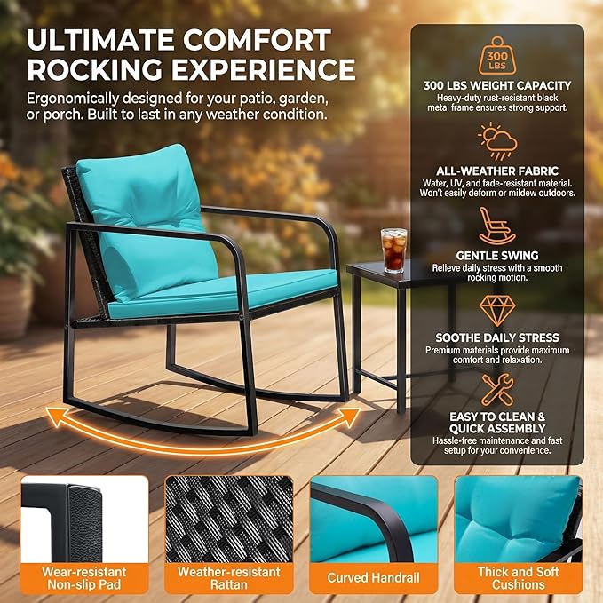 Flamaker Patio Chairs 3 Piece Wicker Rocking Chair Outdoor Bistro Sets with Coffee Table and Cushions Metal Frame Patio Furniture for Porch, Balcony, Lawn (Blue)