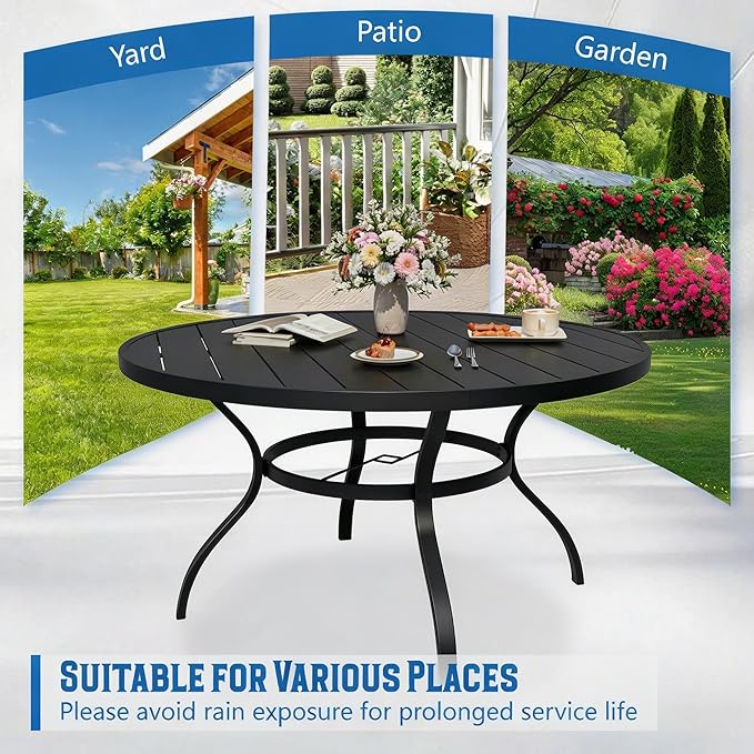 Patio Dining Table, 53" x 53" Outdoor Round Metal Table with1.57 Umbrella Hole, for Backyards, Porches, Gardens or Poolside, Black