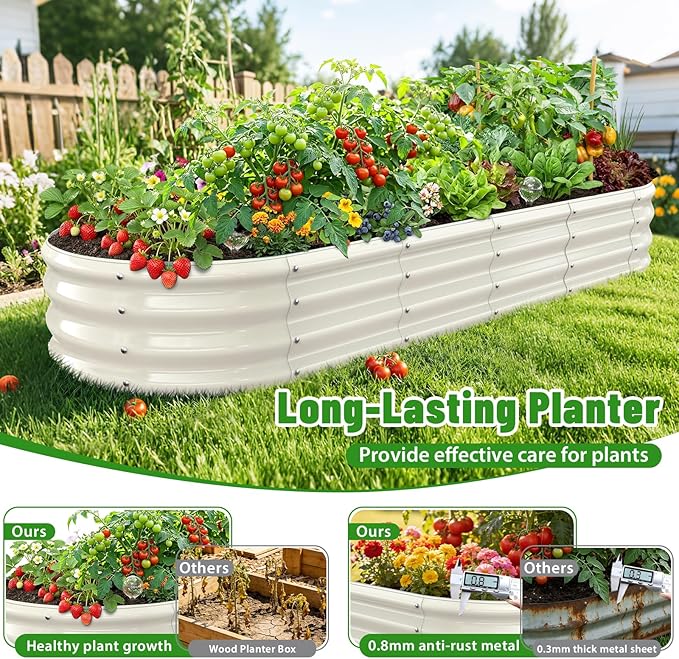 Oval Raised Garden Bed, 6 x 2 x 1FT, Galvanized Steel Planter Box with Wave-Shaped Metal Panels Painted for Outdoor Flower,Tree,Herb & Vegetable Garden (White, 72X24X12 inches)