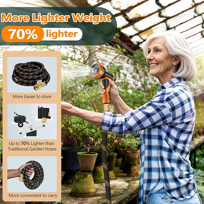 Flexible Garden Hose 75 FT, Ultra Lightweight Water Hoses w/10 Function Sprayer and 3/4" Brass Fittings, Kink-Free, Sturdy, Abrasion Resistant for Yard, Lawn, Outdoor and Gardening(Black Orange)