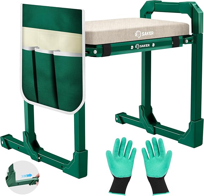 Saker Garden Kneeler and Seat Foldable Gardening Stool with Extendable Legs & Thickened Pad, Tool, Heavy Duty 500lbs Support for Elderly, Gardening, Outdoor Use