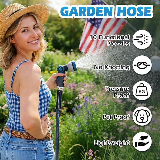 Non-Expanding Garden Hose 75FT with 10-Pattern Nozzle, Lightweight Flexible Water Hose Kink-Resistant, Brass 3/4'' Fittings & Sealing Washers, for Yard Lawn Garden Car Wash Pet Bathing
