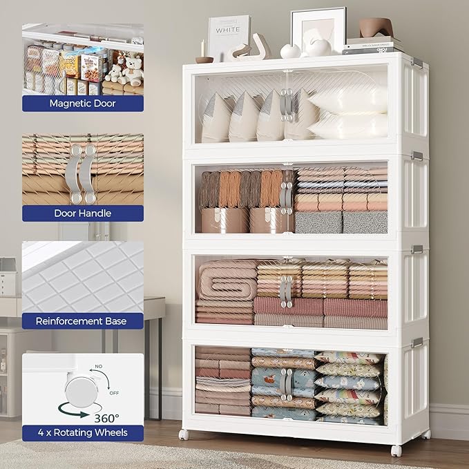720QT Extra Large Stackable Storage Bins with Lid, 180Gal Plastic Closet Organizers and Storage Drawer, Collapsible Cabinet Box with Wheels Clear Doors for Home Kitchen Garage, 6Pack White