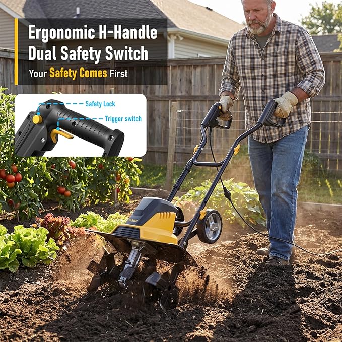 Electric Tiller for Gardening, 18-Inch 13.5-Amp Rototiller & Cultivator with 6x4 Steel Tines, 8.7" Adjustable Tilling Depth, Foldable Electric Garden Tiller with Wheels for Lawn/Yard