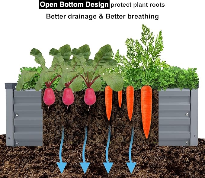 Meberam 2 Pack 12x2x1FT Galvanized Raised Garden Bed Kit, Outdoor Metal Planter Box for Vegetables, Bottomless Rectangular Gardening Bed with Support Rods, Tool-Free Assembly, Gray