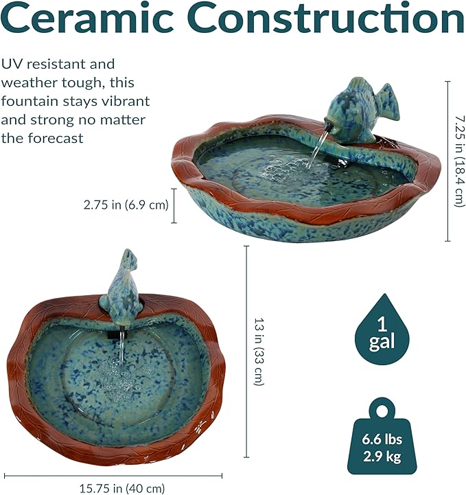 Sunnydaze Glazed Ceramic Fish 7-Inch Outdoor Garden Fountain - Outdoor Tabletop Fountain for Patio, Deck, Garden - Aqua and Brown