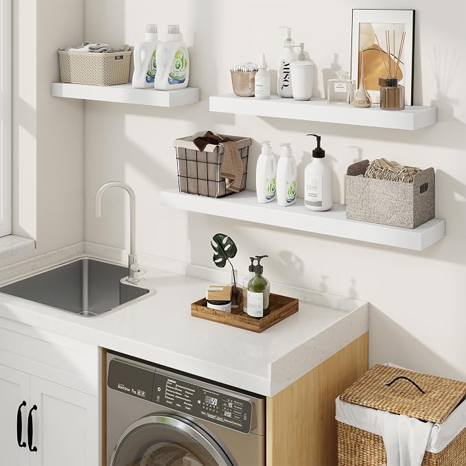 Floating Shelves for Wall, Wall Mounted Wood Shelves, White, Set of 2, 36in | Wood Floating Shelf with Invisible Brackets for Living Room, Bathroom, Bedroom, Kitchen, Hanging Shelf for Storage and Decor