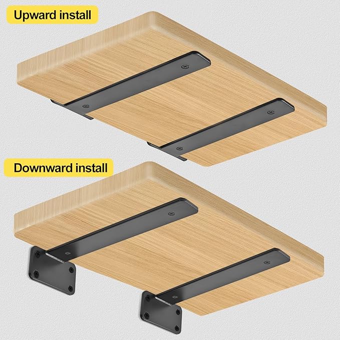 4 Pack - 14 inch Black Hidden L Shelf Bracket (1/5 Inch Thicked) Iron Floating Shelf Brackets Rustic Industrial Metal Brackets for Shelf Support