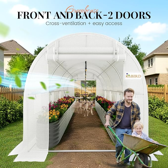 KING BIRD Premium 15x7x7 FT Greenhouse for Outdoors, Large Walk-in Heavy Duty Galvanized Steel Frame, Mesh Door Screen Window Tunnel Hoop Garden Plant Winter Hot House with Irrigation Kit, White