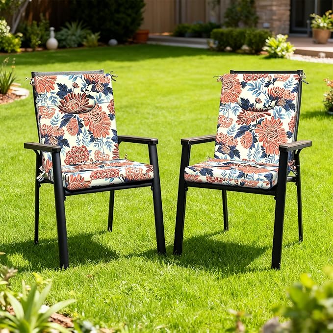DYTXIII Outdoor High Back Chair Cushions Set of 2, 44x20 in Water Repellent Patio Seat Cushions with Elastic Sponge, All Weather Cushions for Rocking, Dining Chairs, Patio Furniture - Ruby Flower