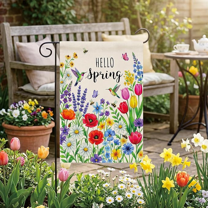 Spring Summer Floral Welcome Garden Flag Hello Spring Tulip Lavender Garden Flag 12x18 Inch Double Sided 12x18 Inch Double-Sided Linen Holiday Outdoor Yard Decorative Flag