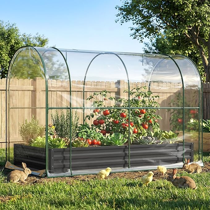 DoCred Galvanized Raised Garden Bed with PVC Cover, 84.6" x 45.3" x 47.2" Metal Planter Bottomless Box w/ Roll-Up Window, Mini Greenhouse Tent for Outdoor Growing Vegetables Flower Fruit