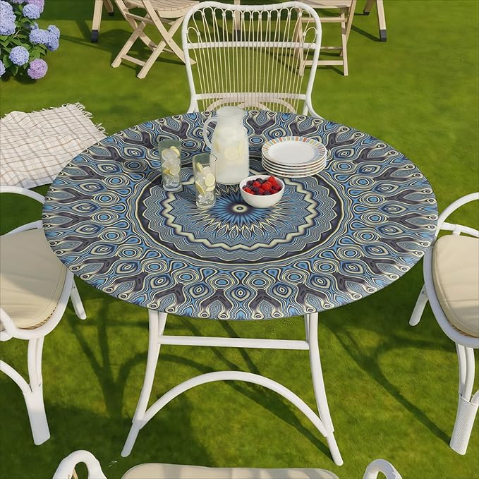 Drawstring Fitted Round Tablecloth for 36-44" Tables Outside Rustic Polyester Weather Proof Table Clothes Western Aesthetic Home Decoration Car Traveling Necessities Birthday Parties Finds