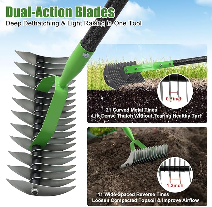 Thatch Rake for Lawn,13" Wide Heavy Duty Steel Dethatcher Rake with 55" Long Handle for Cleaning Dead Grass,Manual Thatching Rake for Cleaning Dead Grass,Loosening Soil,Lawn Care Yard&Garden