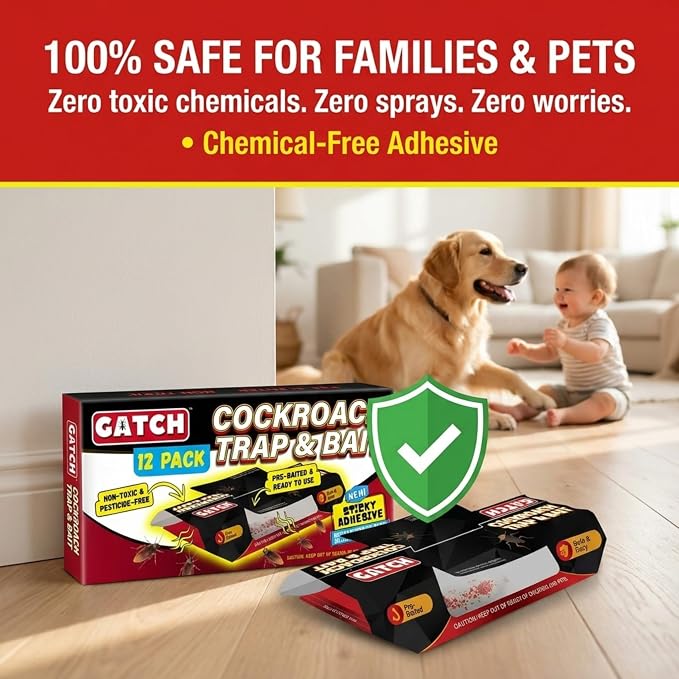 GATCH Roach Traps Indoor (12 Pack), Sticky Baited Cockroach Traps, Roach Killer Indoor Infestation, Adhesvie Glue Traps for Roaches, Insects, Home Bug Ant Spider Cricket, Child & Pet Friendly