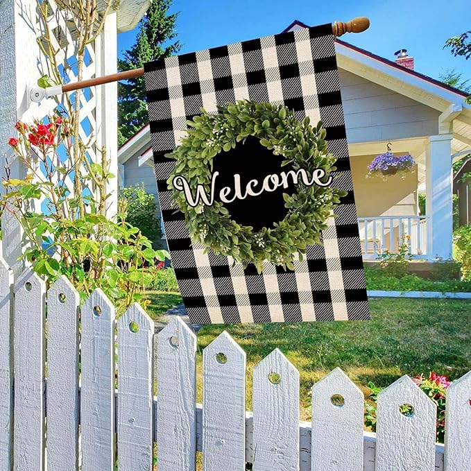 Baccessor Boxwood Wreath Welcome House Flag Vertical Double Sided, Buffalo Check Plaid Rustic Farmhouse Burlap Garden Yard House Flag Outdoor Decoration 28 x 40 Inch