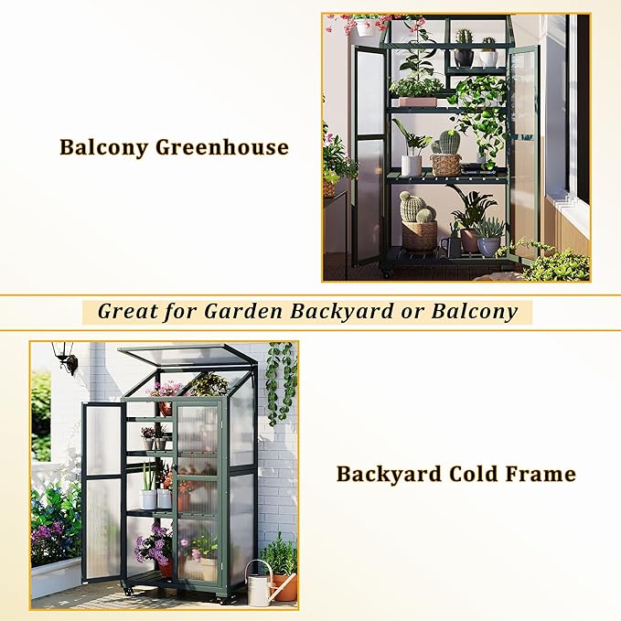 Merax 4-Tier Wooden Greenhouse with Wheels, Shelf & Ventilation, Outdoor Raised Planter Box with Drainage Design, Solid Fir Wood Cold Frame for Garden and Patio, Green