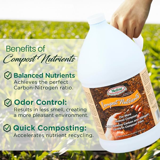 Medina Compost Nutrients - Compost Activator & Accelerator for Soil Improvement with Composting Cultures; Balances Elements, Maintains pH – Ideal for Garden Compost. 1 Quart Treats up to 250 lbs.