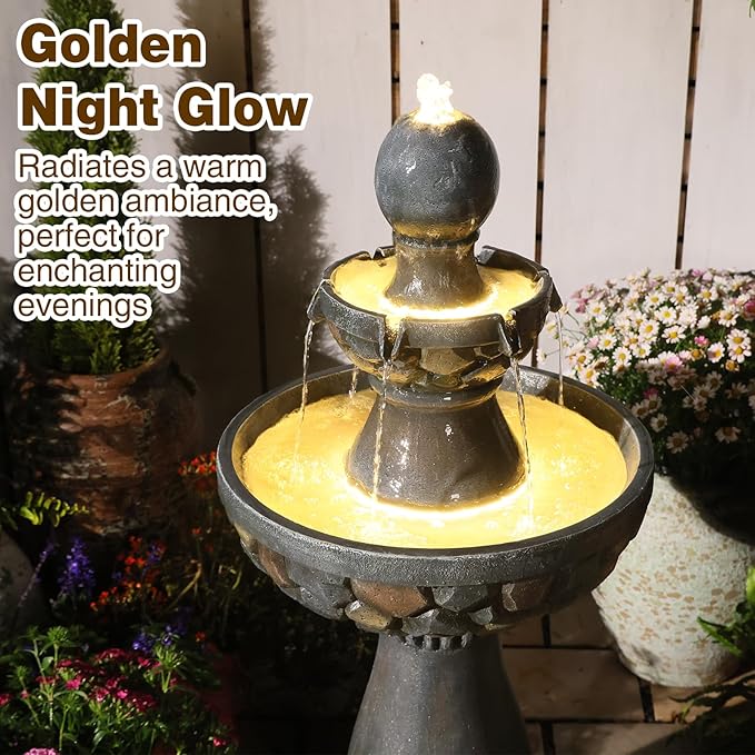 Sunlinua 46.5H 3-Tier Outdoor Water Fountain with LED Lights Italian Resin Garden Fountain for Patio Garden Weather-Resistant Cascading Waterfall Feature with Quiet Pump Elegant Décor Black Gray