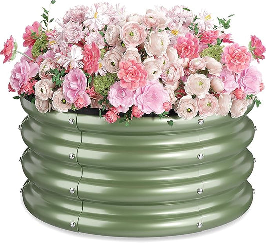 2 x 2 x 1 ft Round Raised Garden Bed, Green 1 Pack 0.6 mm Thick Galvanized Steel Planter Box with Double Layer Paint and Safety Edge Trim for Vegetables Flowers Herbs Outdoor Garden