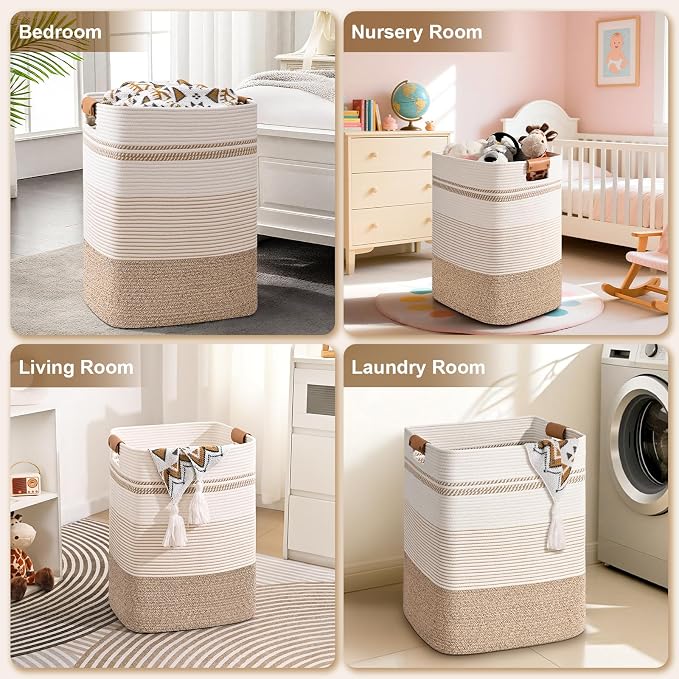 Laundry Hamper, 95L Tall Laundry Basket with Leather Handles, Rectangle Large Clothes Hamper for Organizing, Cotton Woven Laundry Baskets Storage Hampers for Bedroom, Nursery, Living Room