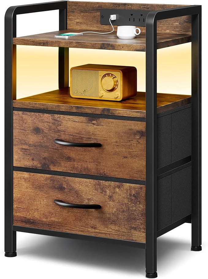 Lazzanto Nightstand with Rear Charging Station, LED Light, 2 Drawers, Brown