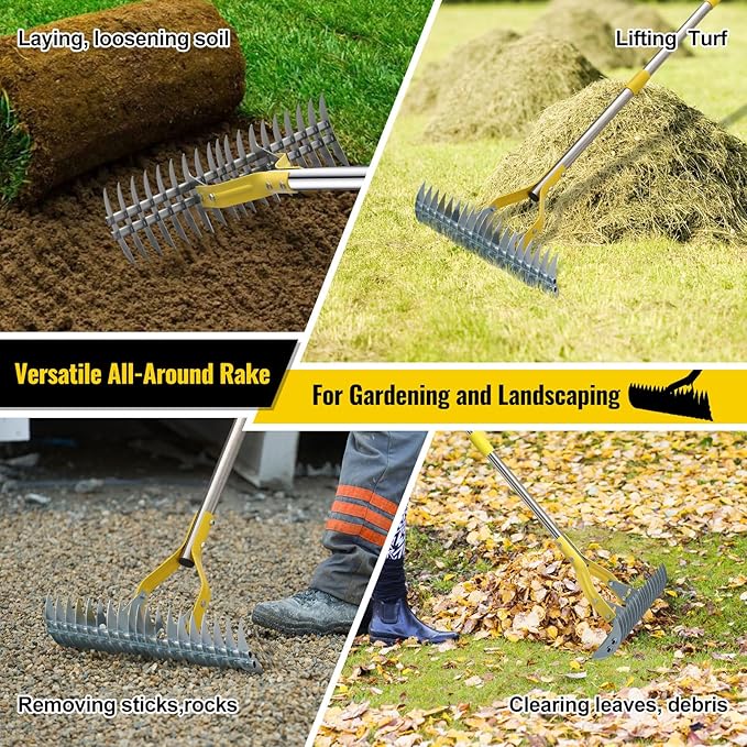 Thatch Rake, 2 in 1 Stainless Steel Garden Rake for Thatch Leaves,55” Heavy Duty 19 Tines Lawn Manual Dethatcher with Adjustable Head,Thatching Rakes for Lawn Yard Grass,Debris Removal, Soil Loosen