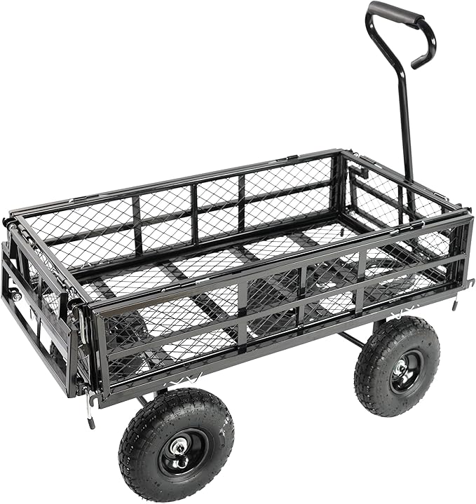 Steel Garden Cart 400 lbs Capacity Heavy Duty Garden Wagons,with Removable Steel Mesh Sides to Convert into Flatbed,Utility Metal Wagon w/ 180°Rotating Handle (Black-Pneumatic-Double Height)
