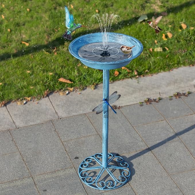 WANGIRO Stand Bird Baths for Outdoors 12 Inch Outdoor Garden Bird Feeder Metal Birdbath with Magnetic Dragonfly for Backyard Birding Freestanding for Garden Yard and Lawn Decoration-Blue