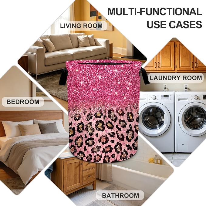 Leopard Laundry Basket Collapsible Oxford Laundry Hamper Clothes Storage Bin with Handles for Bedroom Bathroom Laundry Room 19.6 x 15.7 Inches