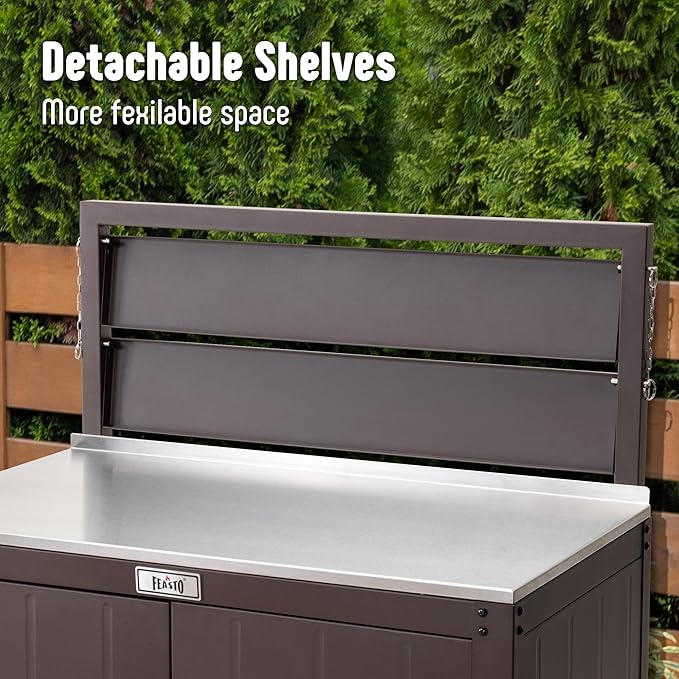 Feasto Garden Potting Bench with Storage Cabinet,Outdoor Gardening Table & Work Bench for Plants, Horticulture,Outdoor Workstation with Stainless Steel Tabletop,Outdoor Work Table with Elevated Rack