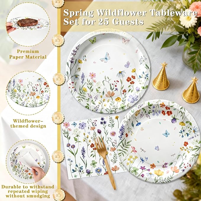 75Pcs Wildflower Plates and Napkins Party Supplies, Floral Paper Plates Wildflower Baby Shower Decorations Flower Party Plates Set for Spring Birthday Bridal Shower Tea Garden Party Decor, Serves 25