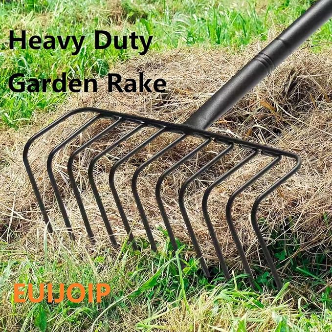 Thatch Rake, 16-Inch Heavy Duty Metal Garden Rake with 56-Inch Handle & 11 Steel Tines – Lawn Thatch Removal Tool for Leaves, Mulch, Pine Needles, Grass & Yard Debris