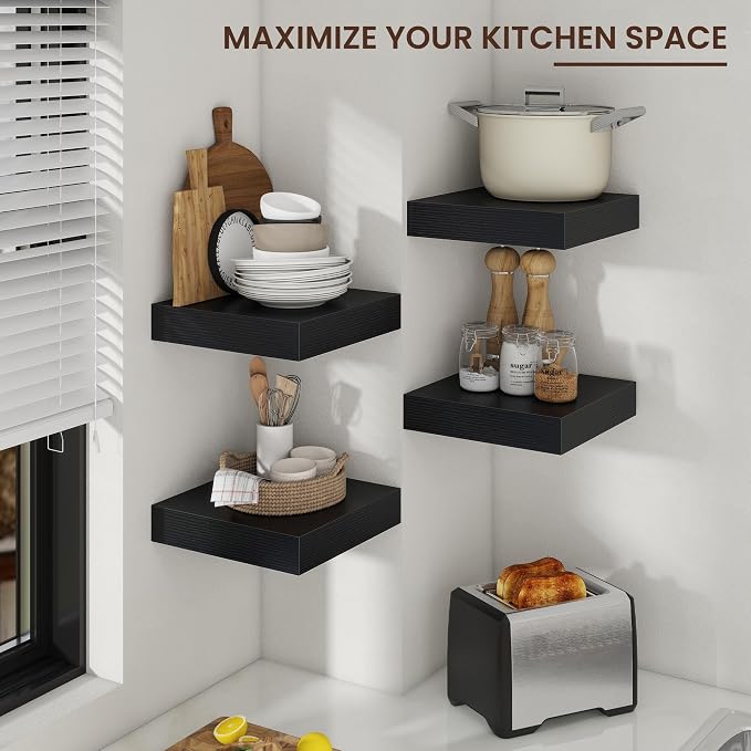 12 Inch Floating Shelves for Wall, Square Storage Shelves, Black Finish