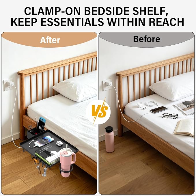 Bedside Shelf, Metal Shelf for Dorm Room Clip On Floating (Black) | College Dorm Room Essentials for Bunk Bed & Top Bunk, Space Saving Nightstand For Loft Beds With Removable Cup & Holder