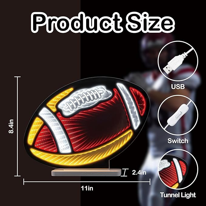 3D Football Infinity Mirror Light, LED Infinity Mirror Night Light with Endless Sports Tunnel Effect, USB Powered 3D LED Lights for Man Cave & Game Room Decor, Gift for Fans Men, 11"x8.3"