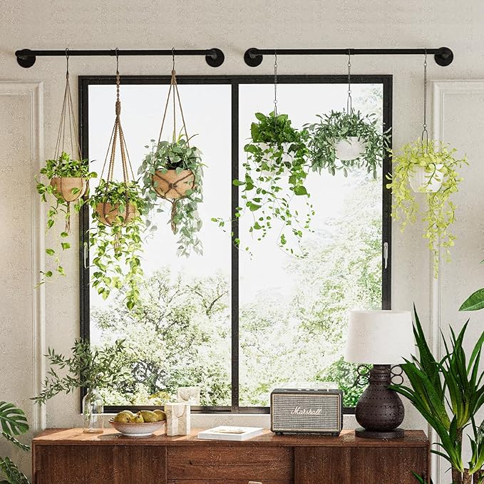 Galood 2Pc Hanging Planters for Indoor Plants Plant Hanger Indoor Hanging Plant Holder Black Metal Rod(Pot/Chain/Plant not Included