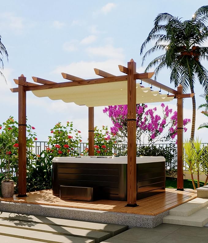 10' X 10' Outdoor Pergola with Retractable Canopy Aluminum Pergola Faux Wood Metal Pergolas Shelter for Backyard, Deck, Patio, Garden Porch Beach Sun Shade Pavilion Grape Trellis Grill, Beige