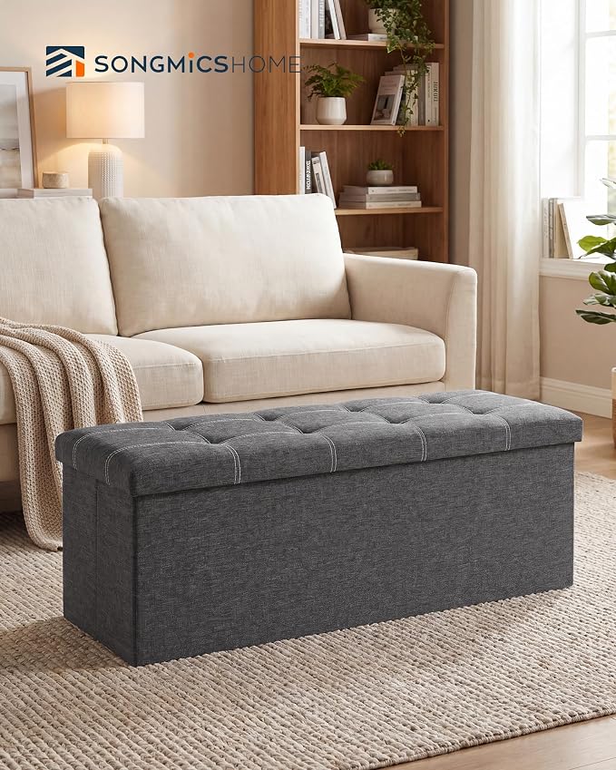 SONGMICS HOME Storage Ottoman, 35 Gallons End of Bench, 15.2 x 43.2 x 15.2 Inches, for Entryway, Living Room, Dark Gray