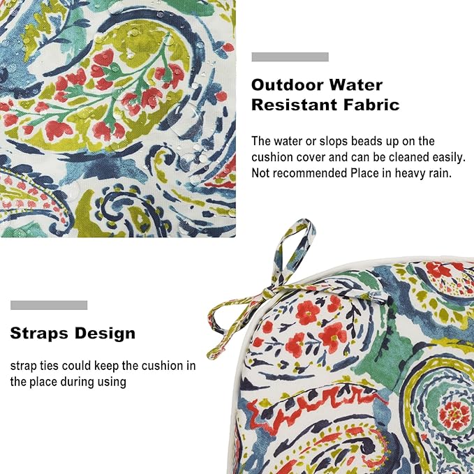 DYTXIII Set of 2 Outdoor Chair Cushions with Ties, Water Repellent Patio Chair Pads 17"x 16" for Outdoor Furniture, Round Corner Seat Cushions for Garden Yard Kitchen Paisley Paradise