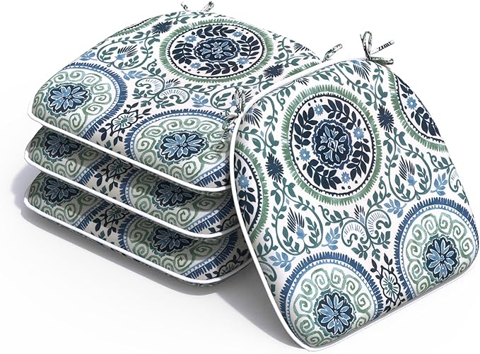 Outdoor 16"x17" Chair Pads Set of 4, Water Resistant Patio Chair Cushions with Ties, Seat Cushions for Home Garden Furniture Decoration, Celadon Wreath